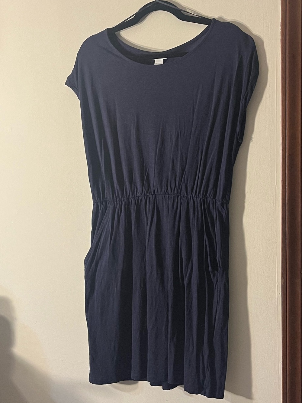 H&M Basic Navy Blue Short Sleeve Elastic Waist Cotton Modal Dress Pockets Large